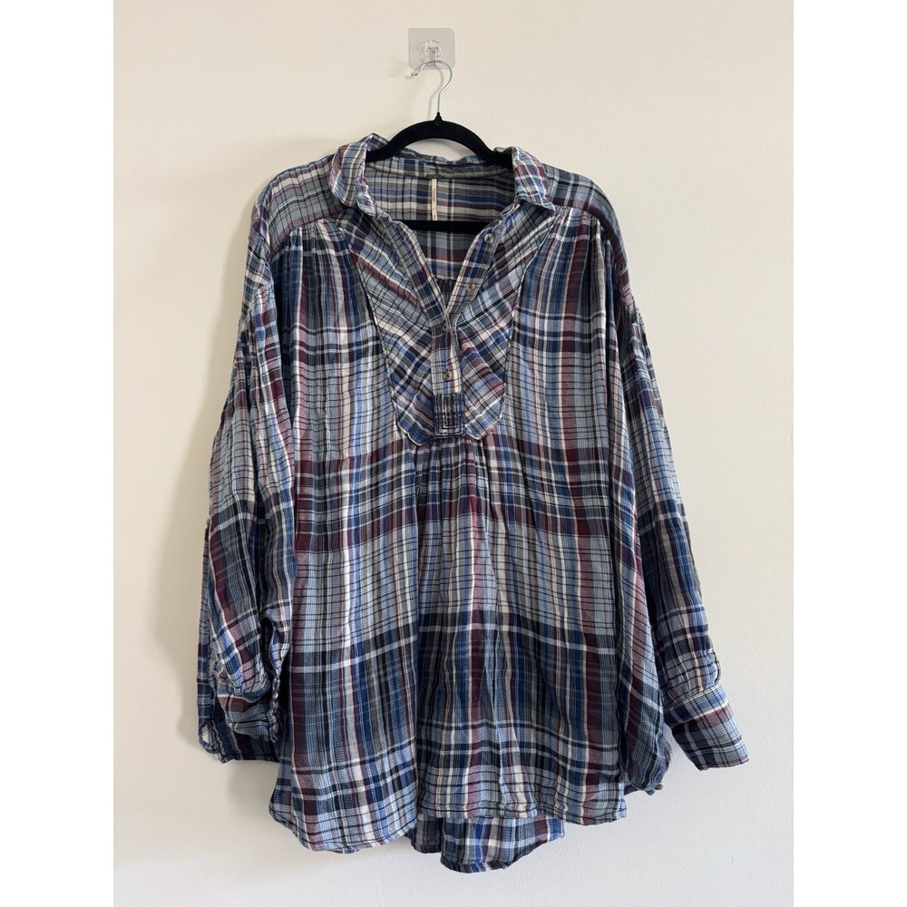Free People Rainbow Days Plaid Tunic Blouse Blue Red Oversized Medium M